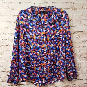 DKNY Long Sleeve Button Front Shirt Diamond Print